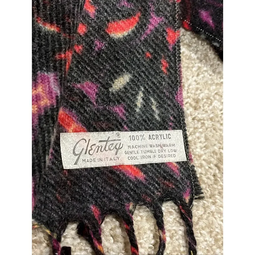 Vintage Glentex Scarf Made in Italy Red Purple Black Paisley Fringe 52x9
